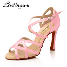Ladingwu Dance Shoes Latin Women Pink Satin Salsa Dance Shoes unique design Plush insole Ballroom Dance Shoes Cuba Heel 10cm 2024 - buy cheap