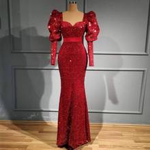 Vermelho escuro lantejoulas sereia vestidos de baile inchado mangas compridas vestidos de noite com zíper voltar formal vestido de festa robe de soiree 2024 - compre barato