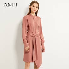 AMII Minimalism Autumn Fashion Stand Collar Solid Women Dress Causal Full Sleeve Belt Knee-length Female Dress 12040155 2024 - buy cheap