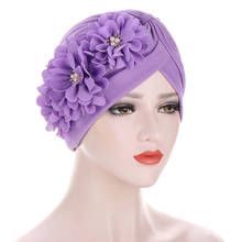 Helisopus Women Diamonds Flower Ruffle Turban Head Scarf Muslim Elastic Pleated Bonnet Hijabs Hat Accessories Indian Caps Mujer 2024 - buy cheap