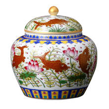 Qianlong-Jarra de esmalte con diseño de pez, tarro de porcelana antigua, con diseño de loto dorado pintado, Caddy de té 2024 - compra barato