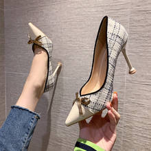 Woven PU Leather Bowtie Pumps Woman Spell Colors Shallow High Heels Shoes 2021 Pointed Toe Ladies Sweet Dress Wedding Shoes 2024 - buy cheap