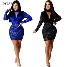 2021 High Round Neck Blue Sexy Women Slim Velvet Splicing Evening Party Dress Women Zipper Long Sleeve Elegant Bodycon Dress 2024 - buy cheap