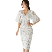 New 2021 Summer Party Dress Women Elegant Lace V-neck Flare Sleeve Slim Bodycon Dresses Formal OL Office Robe 2024 - buy cheap