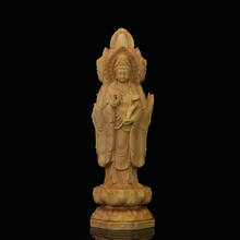 Boxwood-estatua de Buda Guanyin, escultura de madera de 20cm, tres caras, Guan Yin con chico, decoración del hogar 2024 - compra barato