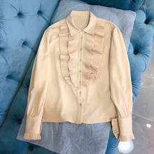 fashion 2021 new ladies long sleeve sexy casual solid color wood ear pleated silk shirt 1113 2024 - buy cheap