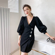 Весенне-осеннее удобное черное Деловое платье с V-образным вырезом, высококачественное индивидуальное ТРАПЕЦИЕВИДНОЕ мини-платье в деловом стиле 2024 - купить недорого
