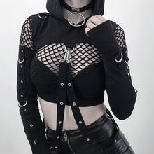 Top gótico sexy preto com capuz, manga longa, para mulheres, de outono 2024 - compre barato