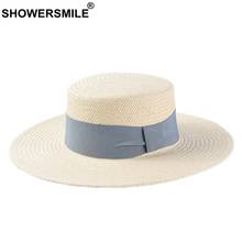 SHOWERSMILE Wide Brim Sun Hats For Women Paper Straw Panama Hats Female Blue Ribbon Elegant Beach Summer Cap Ladies Anti-uv Hat 2024 - buy cheap