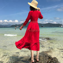 Solid Fashion Women New Dress Summer Retro Art Seven Sleeves Red Chiffon V-Neck Dress Beach style Female Straight Dress CY161 2024 - buy cheap