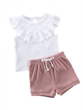 Novo verão crianças meninas roupas de renda infantil crianças sem mangas tops camiseta rosa shorts outfits 2 pcs conjunto 2024 - compre barato