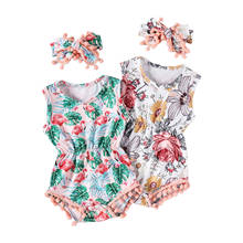 2 Pcs Newborn Baby Girl Casual Outfits Sleeveless Leaf/Flamingo/Flower Print Round Neck Pompom Romper + Bowknot Headband 2024 - buy cheap