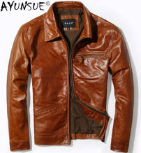 Мужская кожаная куртка AYUNSUE, винтажная демисезонная куртка из воловьей кожи, мотоциклетная куртка, KJ6648 2024 - купить недорого