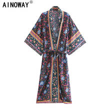 Kimono azul marino con estampado Floral para mujer, vestido playero de manga murciélago con cuello de pico, estilo bohemio, para verano 2024 - compra barato