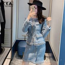 Fashion Women Beaded Sequined Plaid Tweed Jacket Mini Skirt Two Piece Sets 2022 New O-Neck Blue Elegant Ladies Skirt Set S-L 2024 - buy cheap