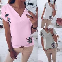 2019 White Pink Gray Flower T Shirt For Women Summer New Short Sleeve V-neck T-Shirt Woman Casual Tees Tops Women Clothing 2024 - buy cheap