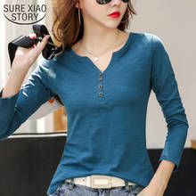 Женская хлопковая футболка, повседневная, однотонная, с длинным рукавом, в Корейском стиле, весна 2021, 13175 2024 - купить недорого