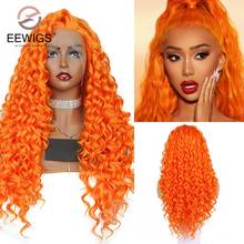 Peluca de cabello sintético para mujeres negras, pelo rizado con malla frontal de onda profunda, color naranja, Mitad negro, resistente al calor, estilo afroamericano 2024 - compra barato
