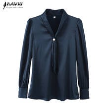 Navy Blue Chiffon Shirt Women V Neck Design 2021 Spring New Fashion Temperament Satin Long Sleeve Blouses Office Ladies Work Top 2024 - buy cheap