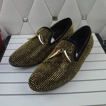 New Style Gold Crystals Rhinestone Shoes Luxury Diamond Party Wedding Flat Shoes Slip-on Men's Loafers 2024 - buy cheap