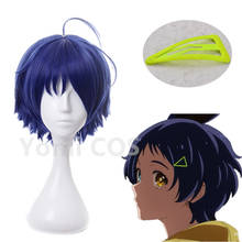 Maravilha ovo prioridade ai ohto peruca cosplay azul escuro curto grampo de cabelo triangular resistente ao calor do cabelo sintético feminino festa dia das bruxas 2024 - compre barato