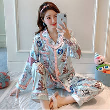 Conjunto de pijama feminino de manga longa, pijama estampado em cetim de seda com manga longa, roupa de dormir, verão, outono, 2020 2024 - compre barato