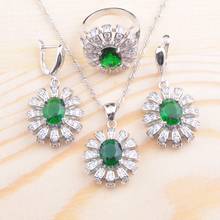 Conjuntos de joias femininas cor prata casamento flores verde zircônia brinco e colar conjunto de pingentes anéis qz090 2024 - compre barato