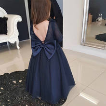 Azul marinho vestidos da menina da flor mangas compridas vestido de baile tule voltar arco nó inchado vestidos para crianças 2024 - compre barato