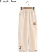 Casual High Waist straight Pants Women 2021 Spring Ladies cartoon bear embroidery Trousers Pocket Solid Female ankle length Pant 2024 - buy cheap