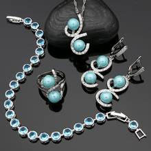 Conjuntos de joyas de plata 925 para mujer, aretes de cristal blanco, Perla azul cielo, colgante, collar, anillo, pulsera 2024 - compra barato