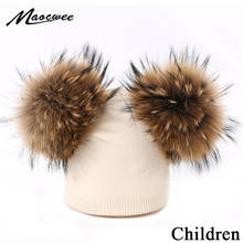 Cute Winter Child Pompon Beanie Hat Boy Girl Knit Real Fur Double Pompon Beanie Hat Warm Baby Beanies Outdoor Thick Soft Ski Cap 2024 - buy cheap