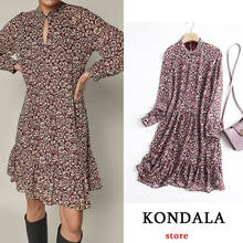 KONDALA Women Dress Za Fashion Floral Print  Ruffles Mini Dress Long Sleeve O Neck Vintage Dress Female Chic Mujer Vestidos 2024 - buy cheap