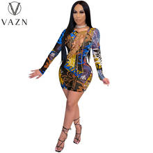 VAZN New 2021 Fashion Full Sleeve Hole Out Bandage V-neck Beach Mini Sexy Regular Dress Women Elegant Fashion Dress Slim Dress 2024 - buy cheap