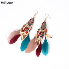 Pendiente de hoja de pluma larga Bohemia para mujer, aretes llamativos, aretes de cuentas de borla, aretes colgantes, joyería étnica 2024 - compra barato