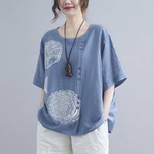 Camiseta feminina de linho e algodão, camiseta casual folgada estilo vintage para mulheres, verão 2021 2024 - compre barato