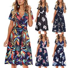 Venda quente vestido feminino verão boêmio floral com decote em v solto império manga curta moda casual com cinto vestido midi 2024 - compre barato