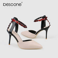 Bescone sapatos de salto super alto feminino, salto alto fino estiloso bico fino rebite penteado tornozelo bm983 2024 - compre barato