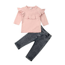 New Toddler Baby Girl Kids Ruffle Collar long Sleeve Denim Trousers Pants Set Autumn Clothes 2024 - buy cheap