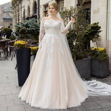 Charming vestido de noiva linha a de tule champanhe, moda 2021 vestido de noiva com apliques de renda gola em barco manga comprida 2024 - compre barato
