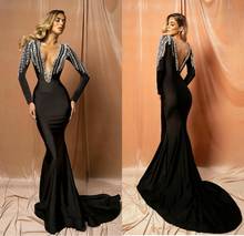 Dubai Black Beaded Evening Dresses V Neck Satin Women Formal Party Gowns Arabic Prom Dress Long Sleeve Robe De Soiree 2020 2024 - buy cheap