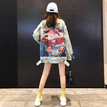 Harajuku Streetwear Spliced Cartoon Dinosaur Denim jacket Women's clothing Light color Autumn Casual Long Denim coat Female 2024 - buy cheap