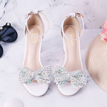 2021 summer open-toed white sandals one word wristband rhinestone bow thick high heels large size banquet female wedding shoes 2024 - buy cheap