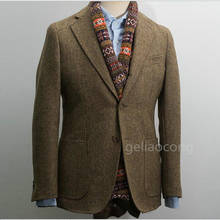 Terno masculino customizado, jaqueta de osso de peixe marrom tweed, terno de noivo, smoking, fit slim, blazer com lapela entalhada, festa de formatura 2024 - compre barato
