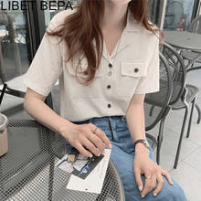 Blusa informal de algodón y lino para mujer, camisa de estilo coreano con botones y bolsillos, Tops cortos de oficina, BL5369, novedad de verano de 2021 2024 - compra barato