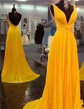 Sexy A-Line Deep V-Neck Long Yellow Chiffon Evening Dresses with Pockets Floor Length Open Back Formal Party Dresses for Women 2024 - buy cheap