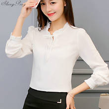 Blusa feminina chiffon manga comprida laço branco, camisa feminina social v1765 2024 - compre barato