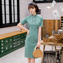 Vestido cheongsam tradicional chino para mujer, vestido cheongsam de dos piezas, de algodón y lino, novedad 2024 - compra barato