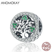 Anomokay Authentic 925 Sterling Silver Dazzling Green CZ Tree of Life Round Charms fit Bead Bracelet Jewelry DIY Accessories 2024 - buy cheap