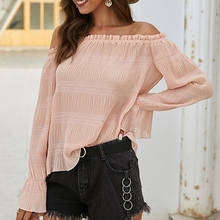 Women Off Shoulder Blouses Tops Ruffle Pleated Transparent Thin Flare Sleeve Female Blouse 2021 New Spring Summer Ladies Clothes 2024 - buy cheap