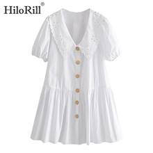 HiloRill Embroidery White Dress Women Lantern Short Sleeve Loose Pleated Dress Button Turn Down Collar Mini Cotton Dress Summer 2024 - buy cheap